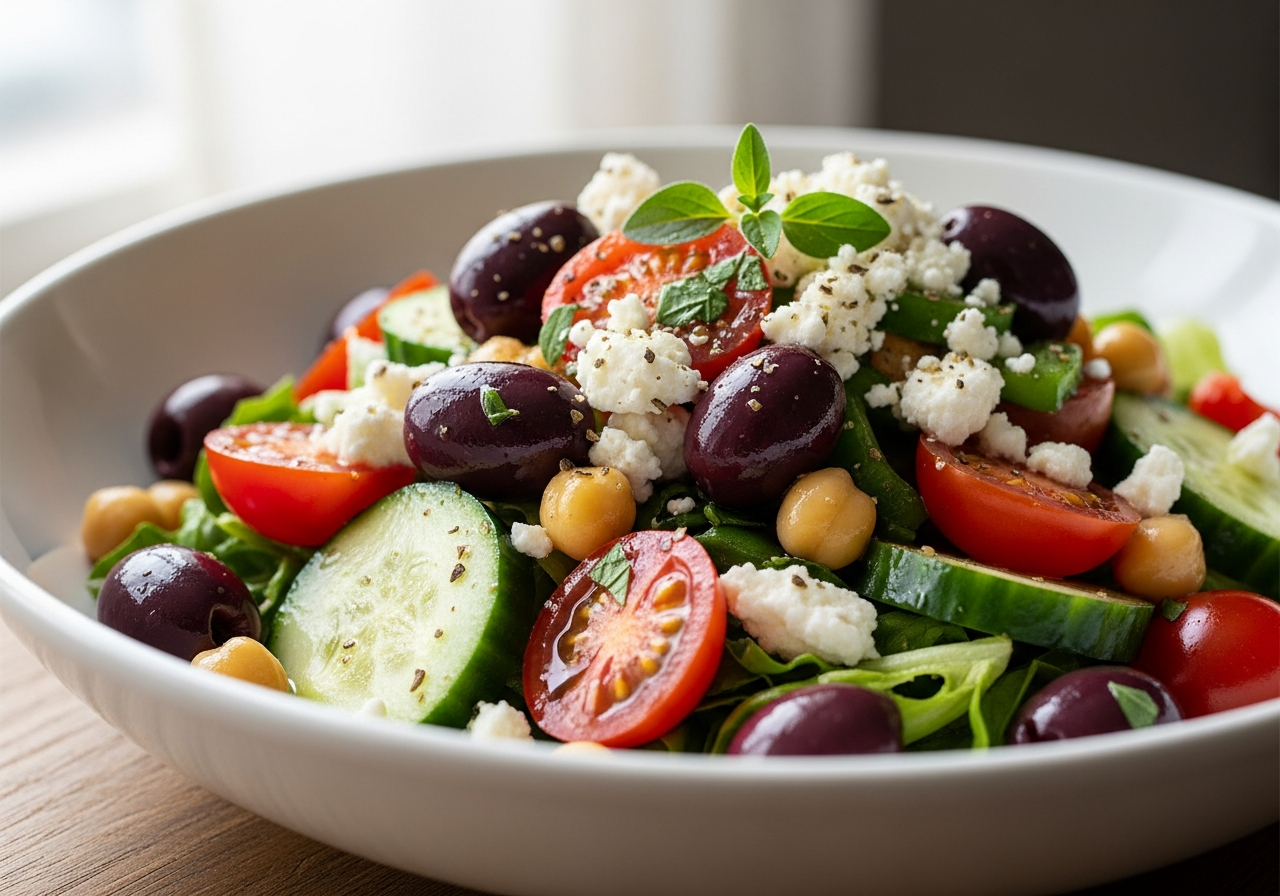 Mediterranean salad with olives and chickpeas